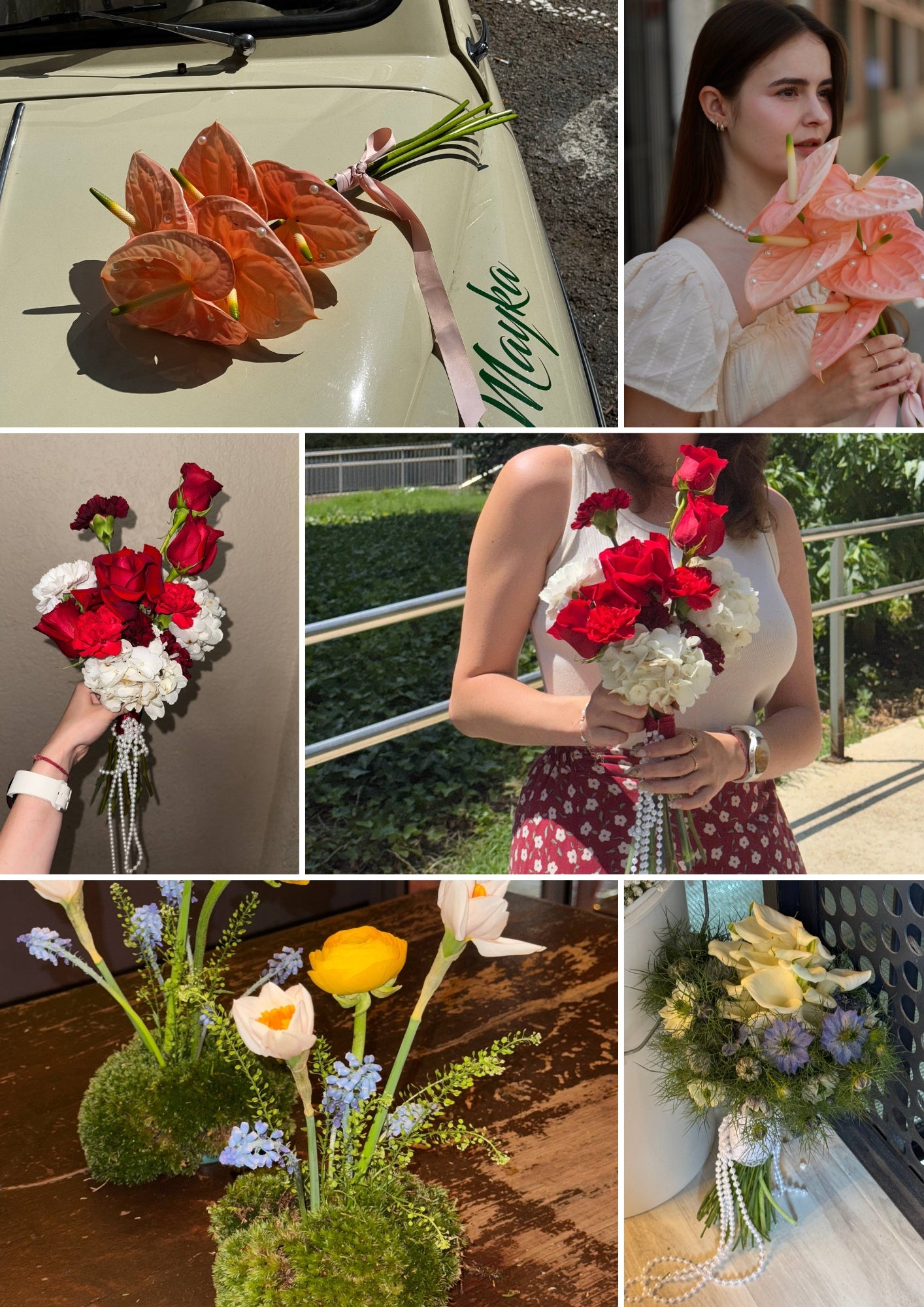 Collage of various floral arrangements and people holding flowers. Collage de varios arreglos florales y personas sosteniendo flores.