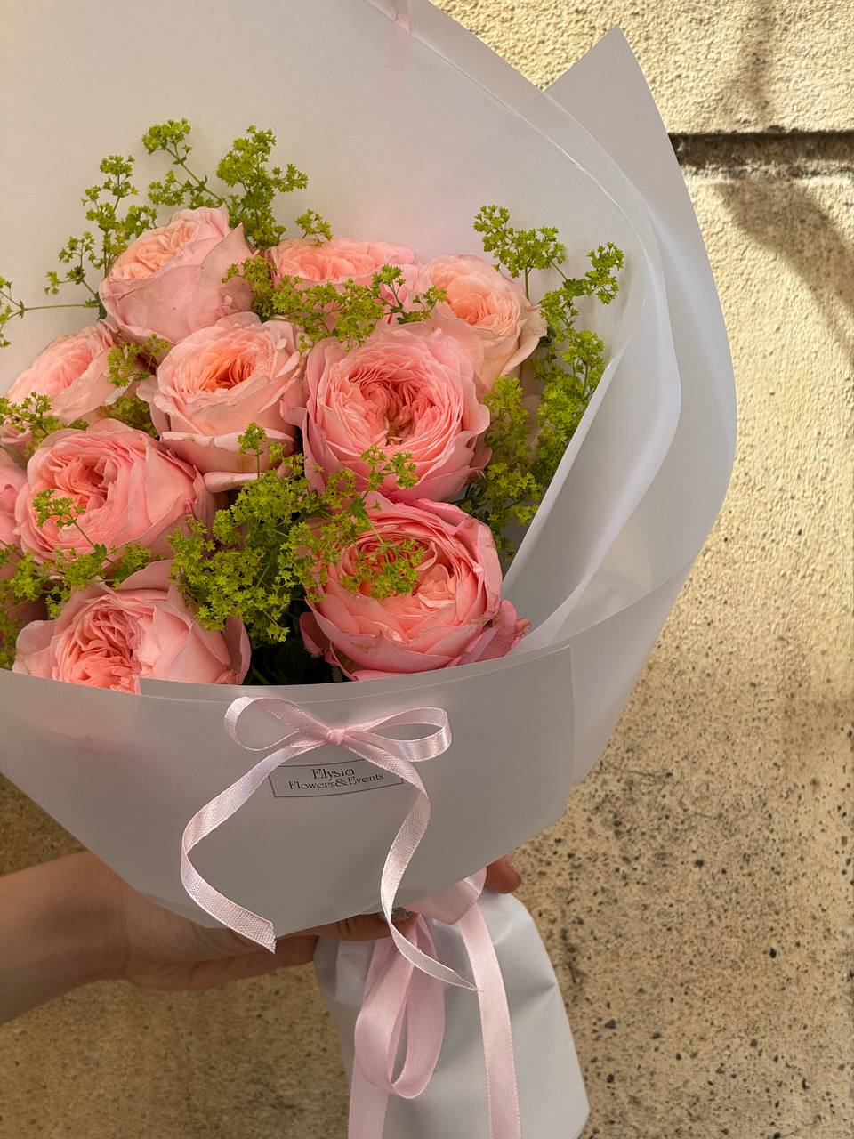 Bouquet of pink roses with greenery in white paper wrap held by a person. Ramo de rosas rosadas con vegetación en envoltura de papel blanco sostenida por una persona.